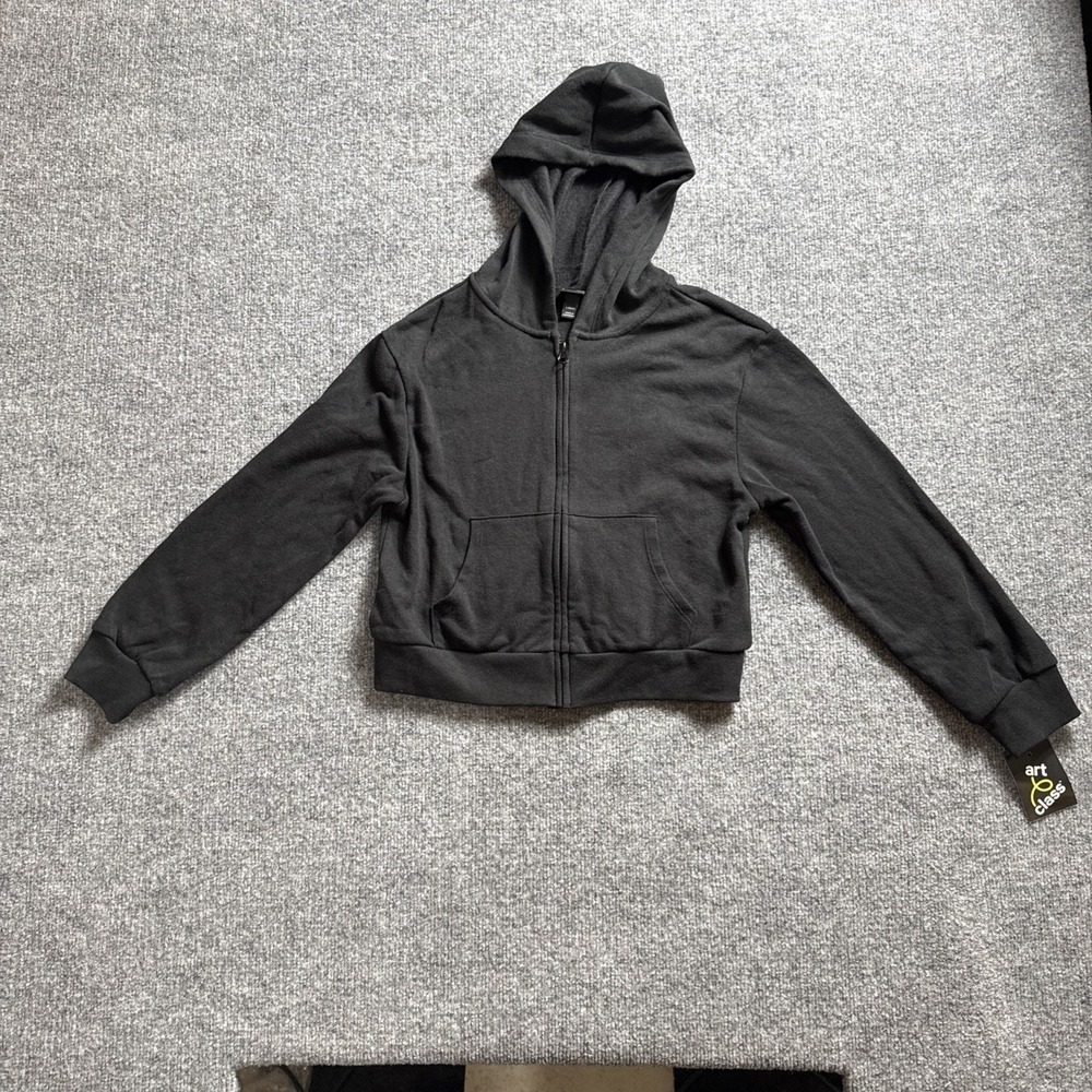 NWT Black Cropped Full Zip Hoodie Sweatshirt Long Sleeve Pocket Kids Size L10/12